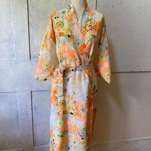 Kimono yellow orange robe polyester Asian robe belt floral print one size lingerie image 6
