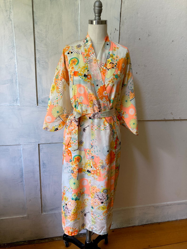Kimono yellow orange robe polyester Asian robe belt floral print one size lingerie image 6