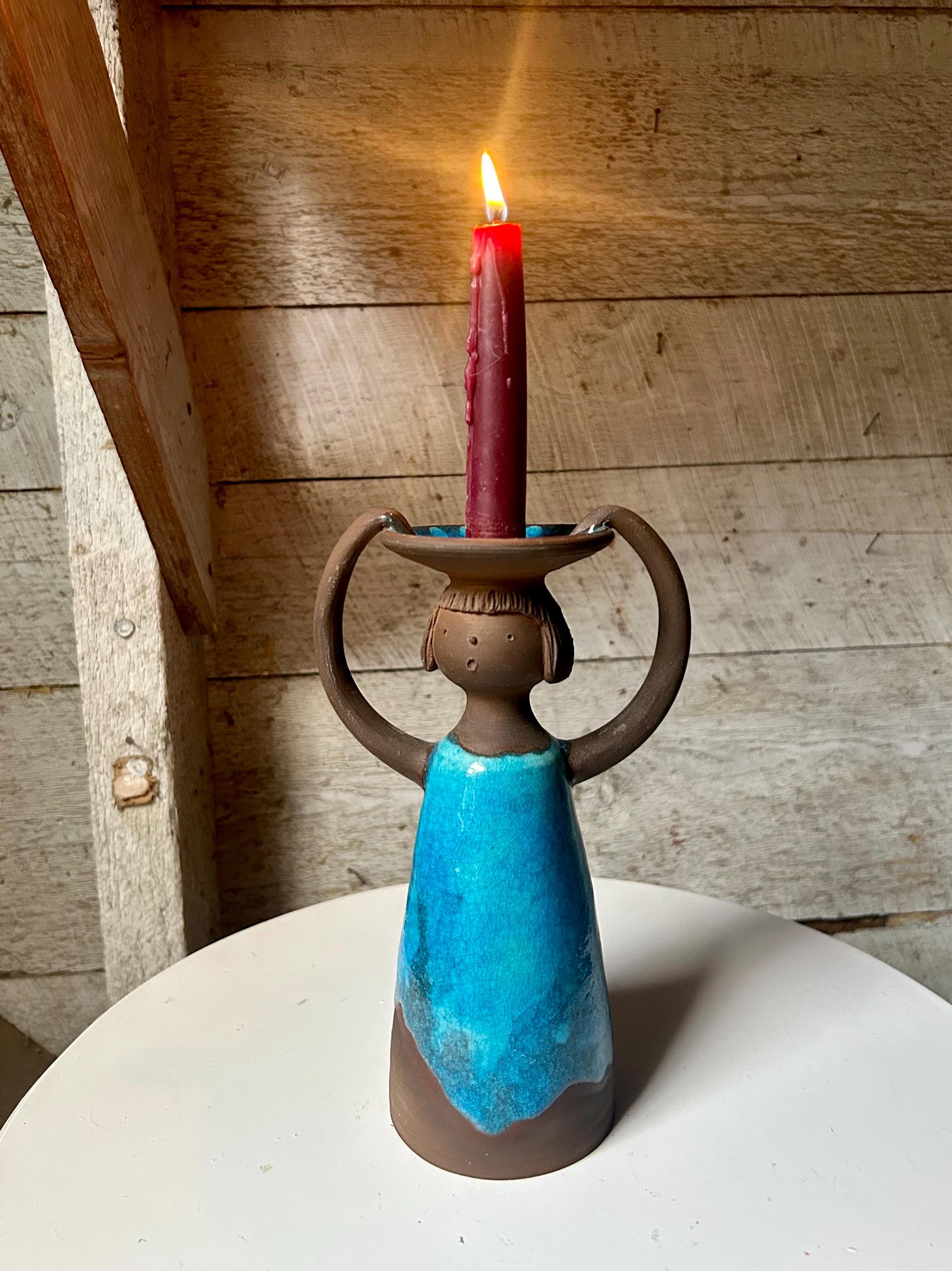 Ceramic Candlestick Holder Swedish Style Mid Century Handmade Blue