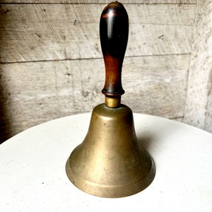 Antique brass bell wood handle deep sound farmhouse decor large heavy bell iron clapper schoolhouse bell