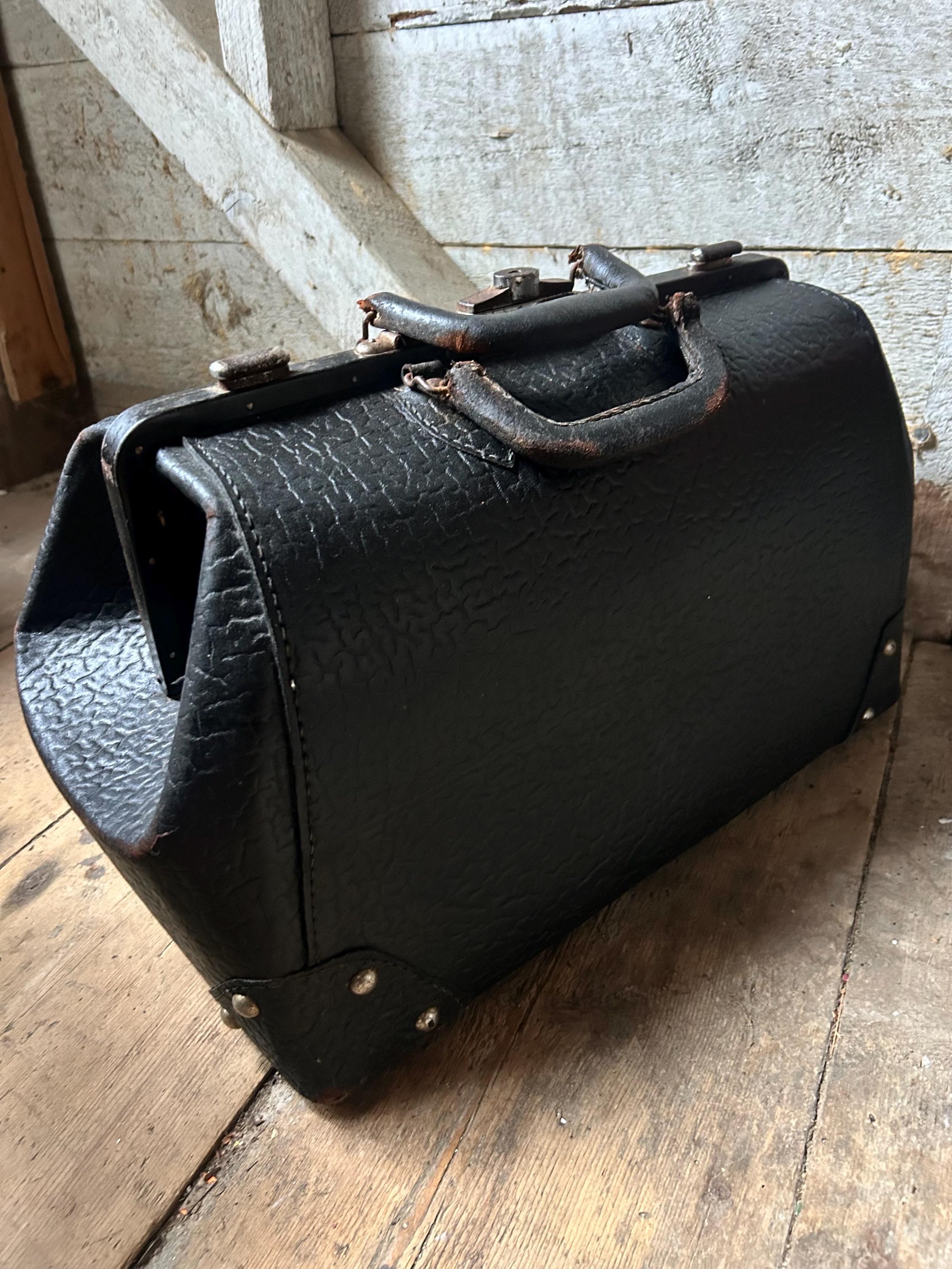 Antique Black Leather Walrus Embossed Texture Traveling Valise Bag