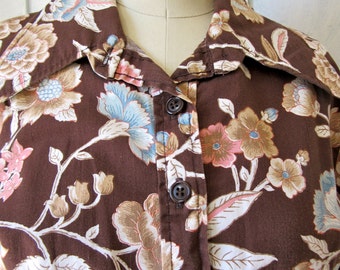 Blusa con estampado floral de los años 70 - Camisa de algodón de los años 60 - Manga larga - Cintura y puños elásticos - top