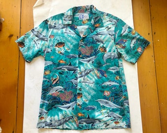 Vintage Hawaiian mens blue green fish dolphin design shirt cotton buttons RJC Hawaii