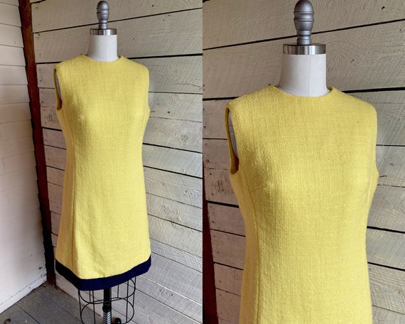 60s yellow sleeveless shift dress mod style navy … - image 1