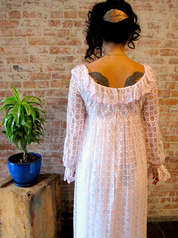 Vintage 1960s Maxi Dress Pink and White Lace Long Dress