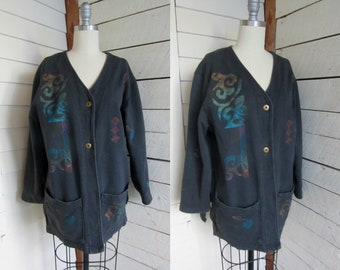 hand painted cotton knit jacket - play Alegro - black - 80s 90s - hippie - heavy cotton knit