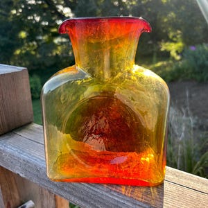 Blenko glass tangerine amberina  water bottle pitcher double spout 8”