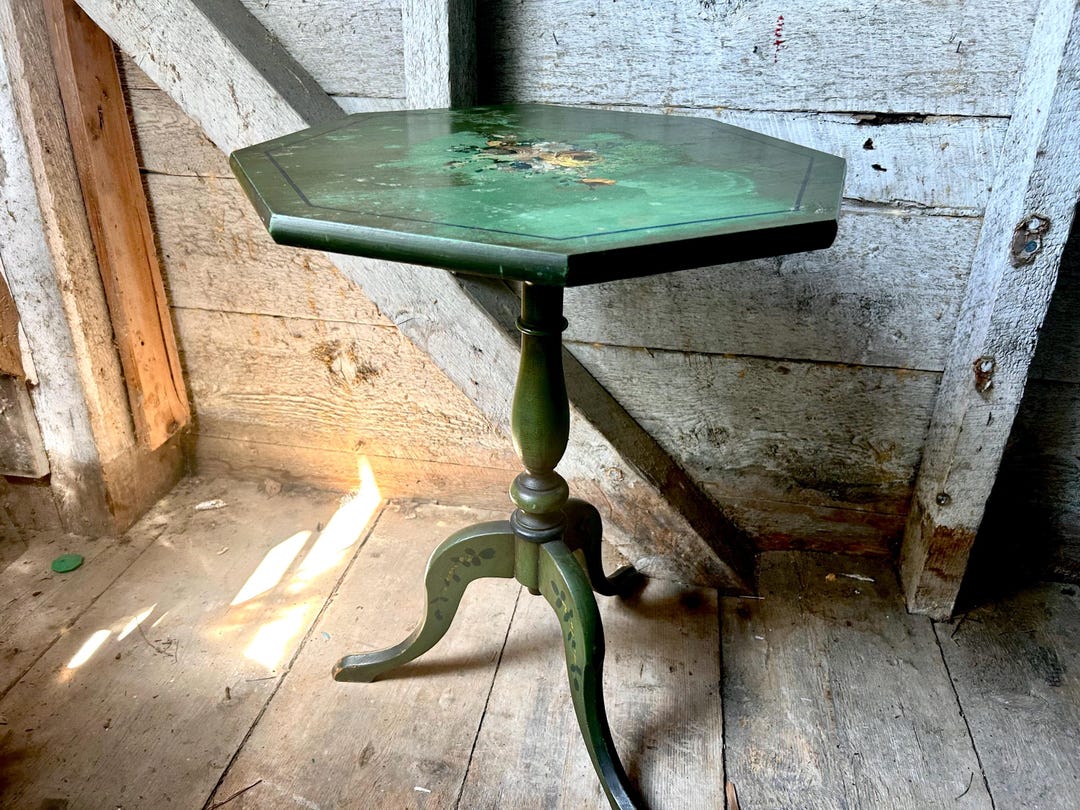 30s Wood Farmhouse Side Table Green Painted Handmade Octagon Country ...