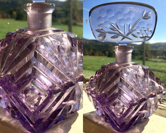 Vintage Art Deco Amethyst Glass Bottle With Glass Stopper Perfume Bottle  Pressed Glass Purple Glass Cut Glass Bottle Diamond Shape 