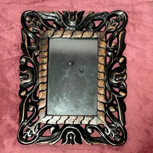 Wood carved small frame  ethnic ornate primitive picture frame brown - wall decor
