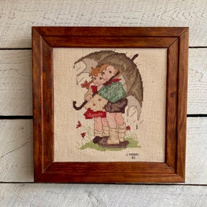 Cross stitch boy and girl under an umbrella country farmhouse decor wood frame handmade 80s
