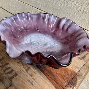 Imperial slag glass purple bowl rose embossed design ruffle edge vintage glass bowl