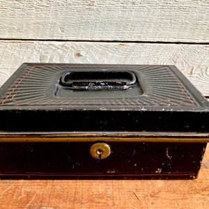 Antique 1800s metal cash bankers box handle lock no key jewelry box