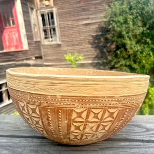 Vintage African bowl calabay gourd primitive folk art carved design  natural gourd