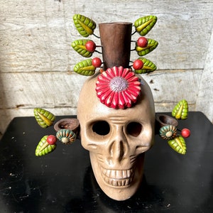 Mexico day of the dead ceramic scull candle holder colorful leaves medallions Mexican candelabra
