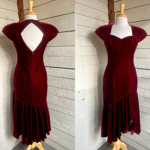 80s Red Velvet Dress - open back rayon velvet burgundy red ruffle asymmetrical hem sleeveless formal dress Christmas dress