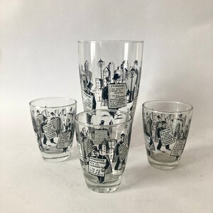 Vaso de cóctel, vajilla de bar, vaso de recetas, mediados de siglo, transparente, negro, gráfico, gran sartén para mezclar, 3 vasos pequeños