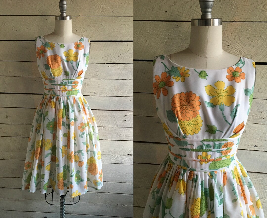50s Sheer Floral XS Dress Wide Fitted Waist Rockabilly Full Skirt ...