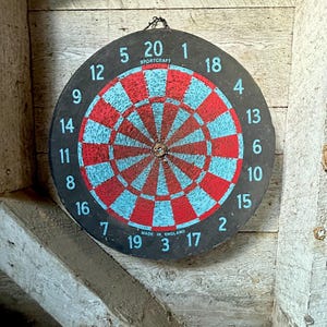 Vintage Dart board black blue red bar decor made in England wall decor Sportscraft 7 lb board