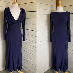 Jessica McClintock rayon dress  low back maxi cocktail dress evening wear long sleeve navy blue