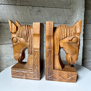 Wood horse bookends equestrian decor hand carved horses monkey pod wood Philippines