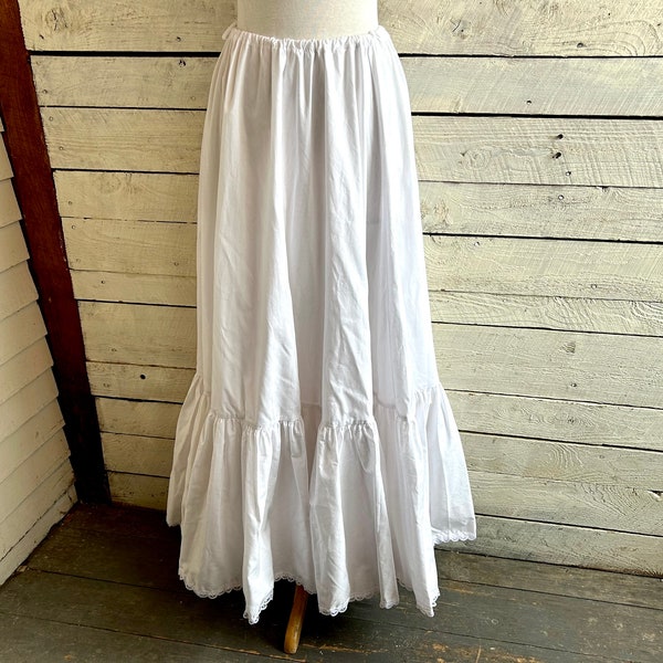 White cotton maxi petticoat drawstring waist lace trim large ruffle Victorian style