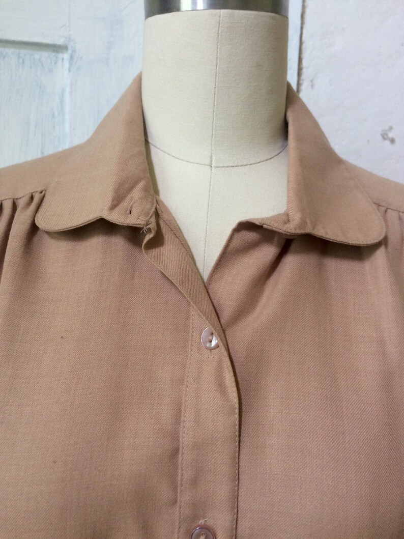 button down 60s tan blouse long sleeve collar