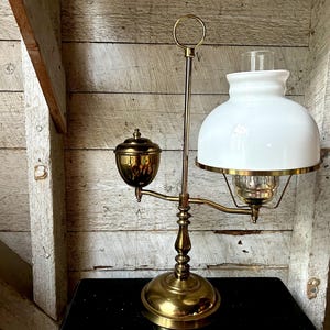 Antique brass student lamp milk glass shade and glass chimney Victorian lamp farmhouse