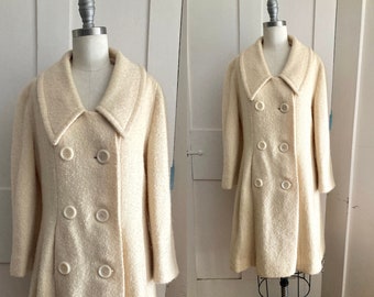 60s white cream mohair boucle coat textured fabric large buttons  classic coat satin lining  - wool coat