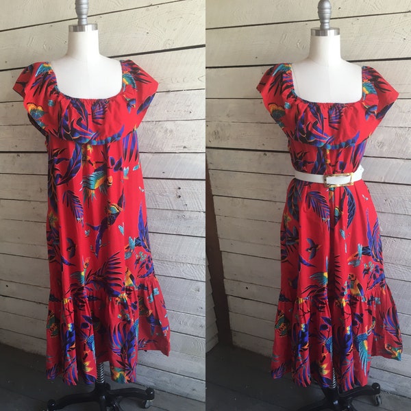 60s 70s Red Hawaiian style cotton dress - David Brown of California - parrots - dragonflies butterflies