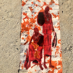 African tribal batik wall hanging orange red folk art wall decor textile art figures