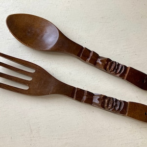Wood salad serving fork and spoon tiki style mid century hand carved