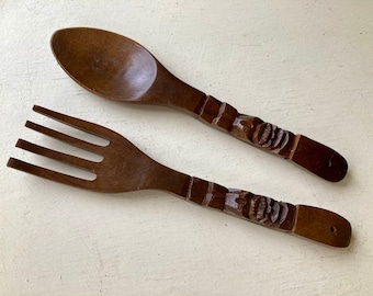 Wood salad serving fork and spoon tiki style mid century hand carved