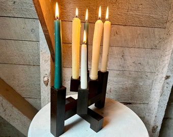 Mid century wood candelabra candle holder - candlestick holder - 60s modern design - holds six candles