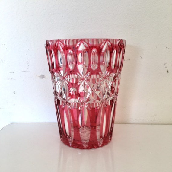 ボヘミアクリスタル 赤 花瓶　52㌢ アールデコ クランベリー クリスタル カット ガラス花瓶 - ボヘミアン