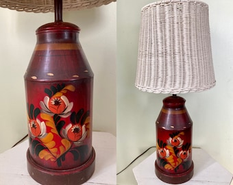 Tole lamp red floral barrel lamp white wicker shade hand painted farmhouse lamp