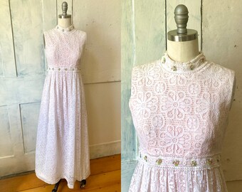 60s pink maxi dress sleeveless white lace overlay prom dress high neck wedding