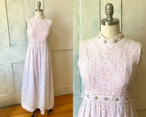 60s pink maxi dress sleeveless white lace overlay… - image 1