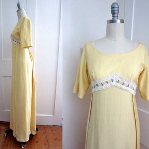 60s Yellow Prom Dress Sylvia Ann Maxi Short Sleeves Embroidered Flowers Empire Waist Lace Bow Small New Without Tags image 2