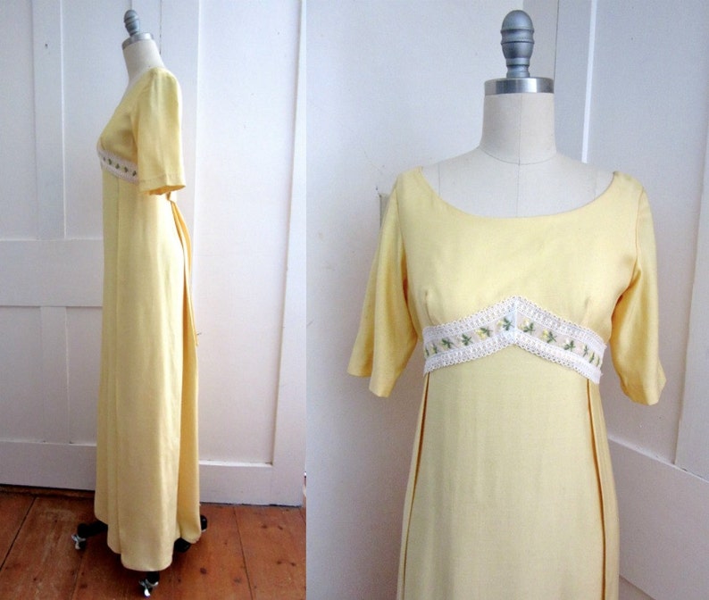 60s Yellow Prom Dress Sylvia Ann Maxi Short Sleeves Embroidered Flowers Empire Waist Lace Bow Small New Without Tags image 2