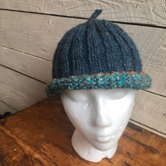 Hand knit wool hat - ribbed - blue green - handma… - image 2