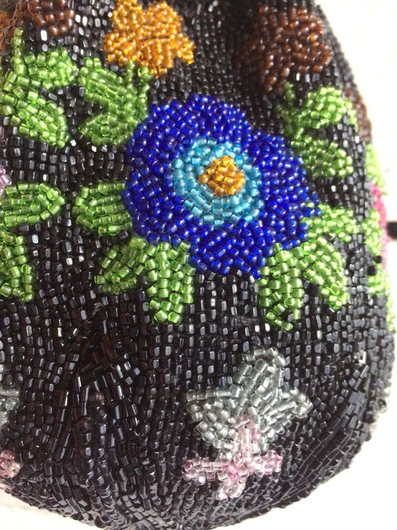 Antique Victorian Beaded Purse floral design draw… - image 2