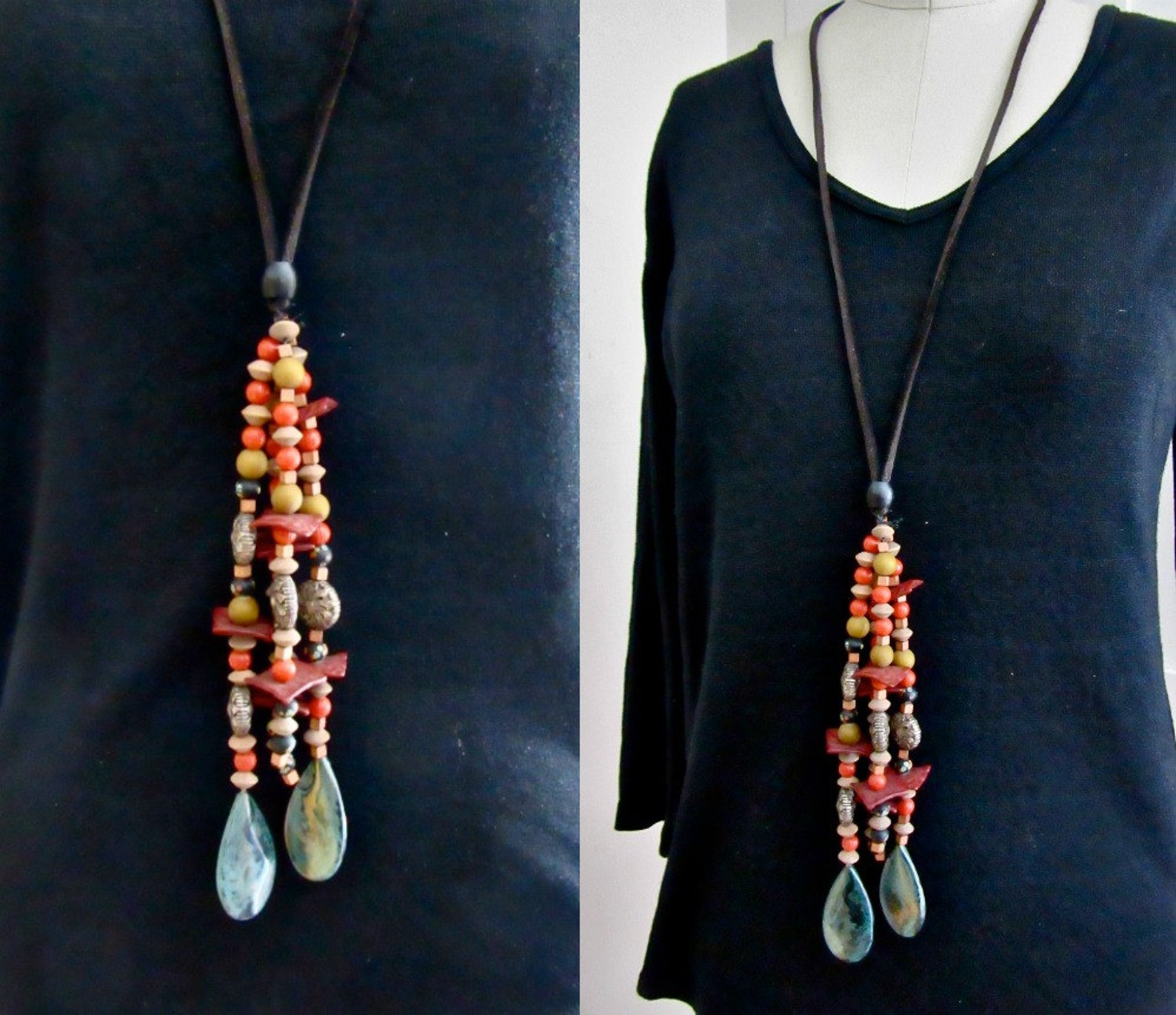 Large Bead Necklace Long Bead Necklace Glass Wood Etsy