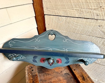 Wood blue and floral painted shelf with 3 coat hook pegs heart cut out farmhouse decor handmade wooden coat rack
