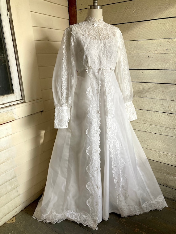 60s Chiffon lace wedding dress high lace neck empire waist long full Chiffon sleeves lace bodice train lace overlay 60s Chiffon lace wedding dress high lace neck empire waist long full Chiffon sleeves lace bodice train lace overlay