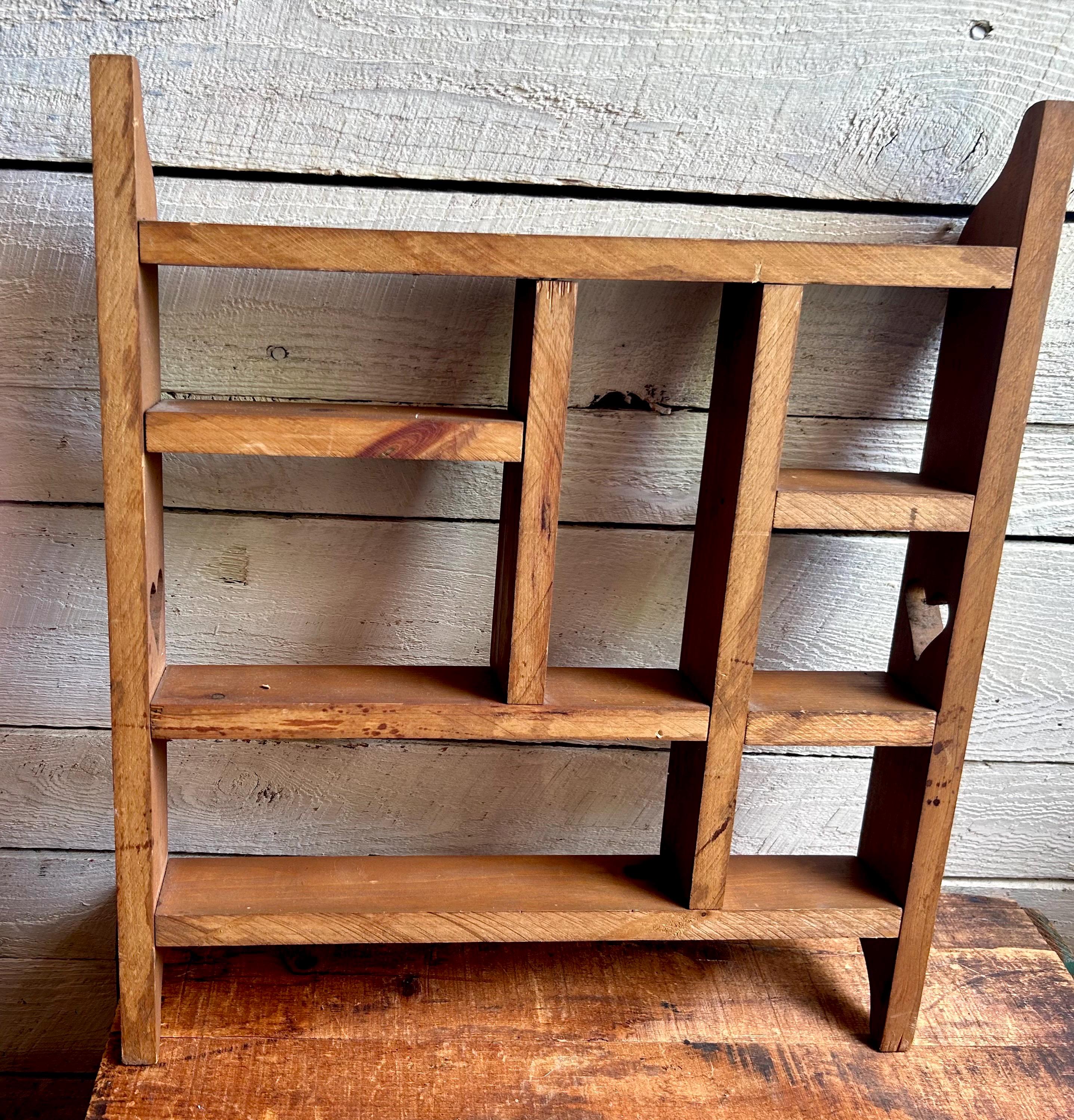 50s Farmhouse Wood Knick Knack Wall Shelf Heart Cut Outs Unit