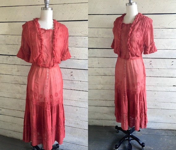 Red Edwardian sheer lawn dress - antique dress - 1