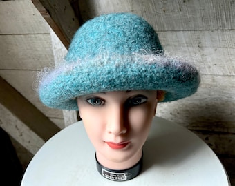 Blue wool felt cloche hat warm hat handmade womans hat felted wool bowler hat rolled rim