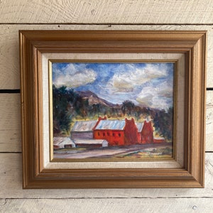 Oil painting landscape primitive painting red barns blue sky farmhouse framed Vermont landscape