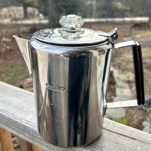 Percolateur à café des années 60, 9 tasses, plaque de cuisson en acier inoxydable, dessus en verre